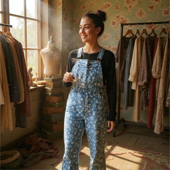 Momokrom Painted Leopard Denim Overalls W/ Adjustable Straps – M/8 NWT - Picture 5 of 9